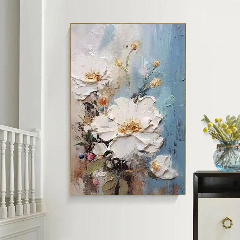 Handmade Oil Painting Canvas Wall Art Decoration 3D Texture Thick Oil White Flowers Modern Abstract For Home Room Decor